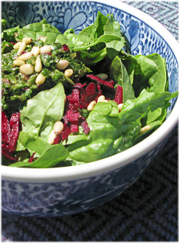 Spinach Salad with Beets and Herbed Pesto